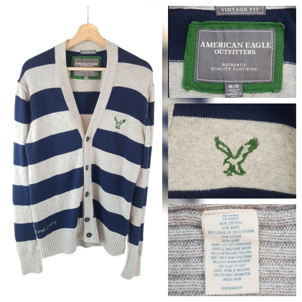 American Eagle Vintage Fit Wool Blend Slouchy Striped Sweater Navy/Gray M